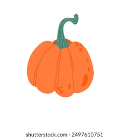 Autumn sweet pumpkin with stem isolated on white background. Whole yellow or orange autumn vegetable. Seasonal fall harvest. Halloween orange vegetables. Hand drawn colorful textured flat vector illus