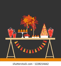 Autumn sweet table. Wedding candy buffet. Birthday dessert bar.  Vector illustration.