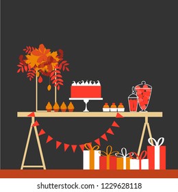 Autumn sweet table. Wedding candy buffet. Birthday dessert bar.  Vector illustration.