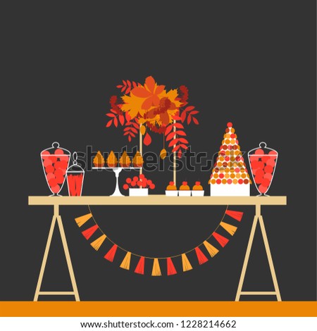 Autumn sweet table. Wedding candy buffet. Birthday dessert bar.  Vector illustration.