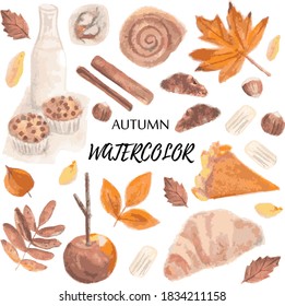 dulces de otoño con acuarela sobre papel. productos horneados, nueces y hojas de otoño. bollo, croissant, bizcocho, botella de leche, manzana caramelo, canela, nueces, avellanas. gráficos vectoriales