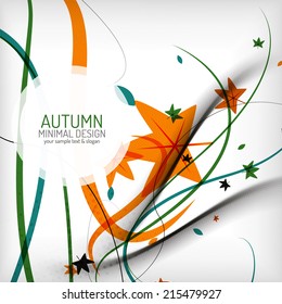 Autumn swirl lines and leaves on white, minimal design - floral waves on white