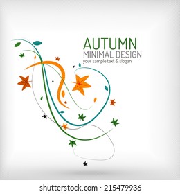 Autumn swirl lines and leaves on white, minimal design - floral waves on white