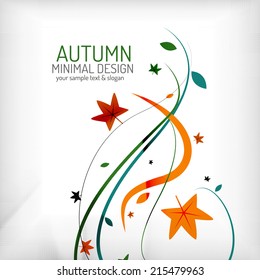 Autumn swirl lines and leaves on white, minimal design - floral waves on white