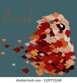 Autumn symbol. Abstract owl made of yellow leaves. Vector