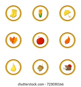 Autumn symbol icons set. Cartoon style set of 9 aAutumn symbol vector icons for web design