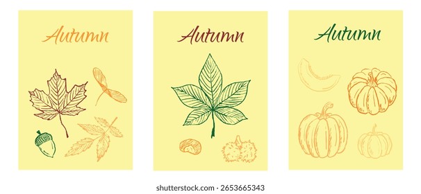 Ilustração de símbolo de outono com folhas, bolotas, abóboras em textura de traçado de pincel preto isolado no branco. Ilustração de esboço de vetor desenhado à mão em tinta de carvão vegetal. Convite, cartão de mensagem