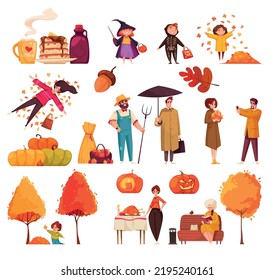 Autumn symbols cartoon set with falling leaves and halloween pumpkins isolated vector illustration