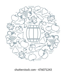 Autumn symbols in circle. Barrel, corkscrew, wine glass, pear, plum, grapes and other fall symbol  for announcement, advertisement, flyer or banner. Vector illustration.