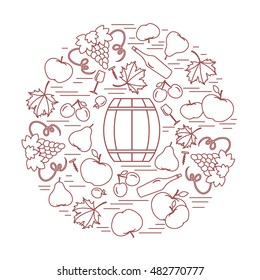 Autumn symbols in circle. Barrel, corkscrew, wine glass, pear, plum, grapes and other fall symbol  for announcement, advertisement, flyer or banner. Vector illustration.