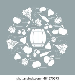 Autumn symbols in circle. Barrel, corkscrew, wine glass, pear, plum, grapes and other fall symbol  for announcement, advertisement, flyer or banner. Vector illustration.