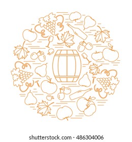 Autumn symbols in circle. Barrel, corkscrew, wine glass, pear, plum, grapes and other fall symbol  for announcement, advertisement, flyer or banner. Vector illustration.