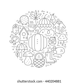Autumn symbols in circle. Pumpkin, coat, wind and other line fall symbols. Great graphic for announcement, advertisement, flyer or banner. 