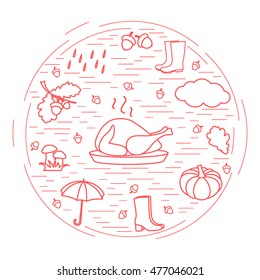 Autumn symbols in circle. Umbrella, acorns, turkey, rain, pumpkin and other fall symbols for announcement, advertisement, flyer or banner. Vector illustration.