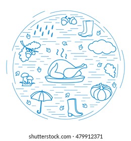 Autumn symbols in circle. Umbrella, acorns, turkey, rain, pumpkin and other fall symbols for announcement, advertisement, flyer or banner. Vector illustration.