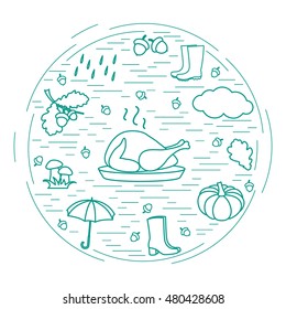 Autumn symbols in circle. Umbrella, acorns, turkey, rain, pumpkin and other fall symbols for announcement, advertisement, flyer or banner. Vector illustration.