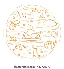 Autumn symbols in circle. Umbrella, acorns, turkey, rain, pumpkin and other fall symbols for announcement, advertisement, flyer or banner. Vector illustration.