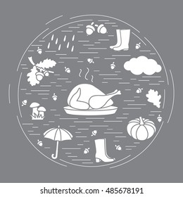 Autumn symbols in circle. Umbrella, acorns, turkey, rain, pumpkin and other fall symbols for announcement, advertisement, flyer or banner. Vector illustration.