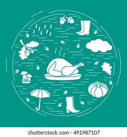 Autumn symbols in circle. Umbrella, acorns, turkey, rain, pumpkin and other fall symbols for announcement, advertisement, flyer or banner. Vector illustration.