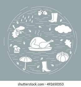 Autumn symbols in circle. Umbrella, acorns, turkey, rain, pumpkin and other fall symbols for announcement, advertisement, flyer or banner. Vector illustration.