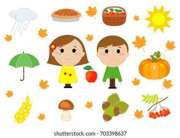 Autumn symbols collection. Autumn icon and objects set. Little boy and girl, pumpkin, mushroom, apple, sun, nuts, pie, rowan, rain umbrella, wheat, maple leaves