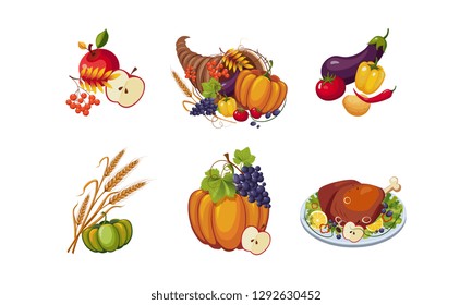 Autumn symbols, collection of Thanksgiving day holiday traditional elements vector Illustration