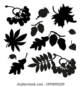 AUTUMN SYMBOLS FOR PLOTTER Collection Of Monochrome Contours Of Forest Elements With Leaves Mushrooms And Berries Fall Season Clip Art Vector illustration Set
