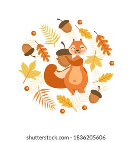Autumn Symbols of Round Shape, Cute Squirrel with Acorn Surrounded with Colorful Leaves Vector Illustration