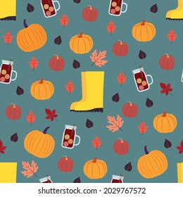 Autumn symbols seamless pattern. Vector illustration in flat design. Pumpkins, colorful leaves, mulled wine and yellow boots on blue background