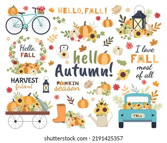 Conjunto de símbolos de otoño. Concepto de otoño para el festival Harvest o Día de Acción de Gracias.  Antecedentes de afiches, web, banners, volantes, postales 