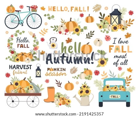 Autumn symbols set. Fall concept for Harvest festival or Thanksgiving Day.  Background for posters, web, banners, flyers, postcards 