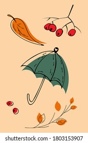 Autumn symbols set, forest leaf plants, berries, branch, umbrella. Hand drawn doodle paint brush stroke isolated elements, childish graphic design, colored fall season decororative collection. Vector