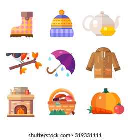 Autumn symbols: umbrella, warm clothes, shoes, bird on a branch, fireplace, basket of mushrooms, pumpkin. Vector flat icon set and illustrations.