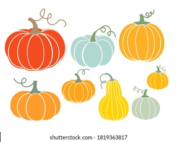 Autumn symbols with various pumpkins icon isolated on white background vector illustration.