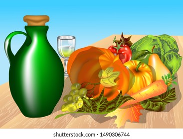 autumn table with fruit and wine against a blue sky