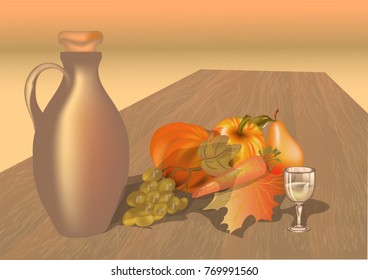 autumn table with fruits, wine and glass