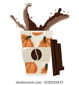 Autumn takeaway coffee cup template with round orange pumpkins and brown lid and coffee splashes, for different drink designs