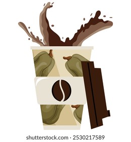 Autumn takeaway coffee cup template with long green pumpkins and brown lid and coffee splashes, for different drink designs