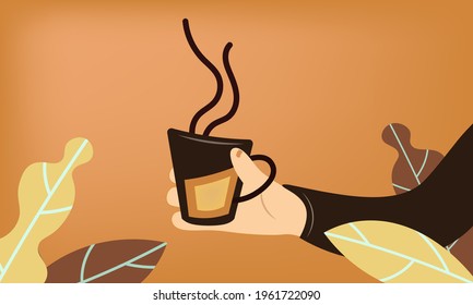 Autumn takeaway coffee. A female hand holds a cup of coffee. Hot drink in warm hands. Vector flat illustration on brown background with autumn leaves. Promotion of cafes, bars, coffee houses.