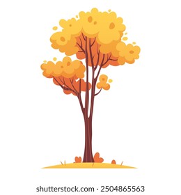 Autumn tall tree with branches and yellow leaves. Flat vector illustration, fall foliage on white background