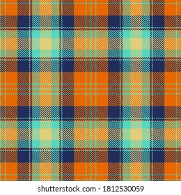 Autumn tartan seamless pattern in orange, tawny and indigo blue colors. Trendy autumn winter 2020 2021 color scheme. Traditional Scottish checkered ornament for a background. Flat vector illustration