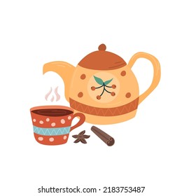 Autumn tea. Cinnamon, teapot, flat vector illustration. Tea drinking. Vector objects isolated on white background. sticker.