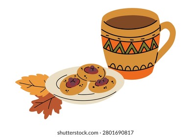 Autumn tea with cookies vector illustration. Cozy fall ceramic mug, sweet biscuits and dry leaves. Cozy autumn vector illustration of ceramic mug with hot tea or coffee, plate of sweet berry cookies, and dry fall leaves. Isolated design element in stylized detailed minimalist flat style.