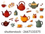 Autumn tea herb set. Vector illustration of tea party elements, teapot, teacup, spices, berries