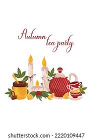 Autumn tea party postcard with candles, honey jar, cups, teapot and lemon. Vector illustration isolated on white background, cartoon style