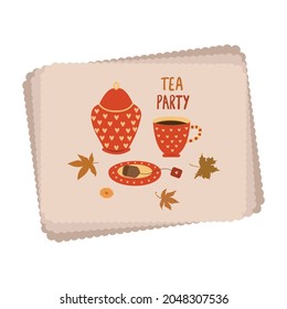 Autumn tea party vintage card. Cozy red service. Cozy autumn concept. Vector illustration 

