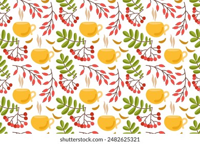 Autumn Tea Pattern With Berries and Leaves