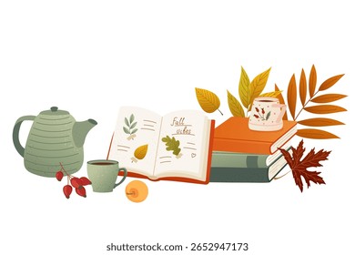Autumn tea scene with open books, leaves, berries and warm drinks. Cozy textured vector composition for seasonal print, book lover card, poster or fall project. Nostalgic design with soft atmosphere