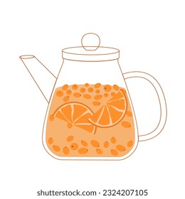 Té de otoño. Tetera con una taza. Té de espina dorsal con cítricos en el hervidor. Ilustración plana.