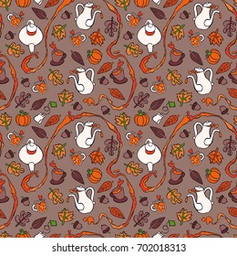 Autumn tea. Teapot and cups. Leaves and acorns. Seamless vector pattern (background).